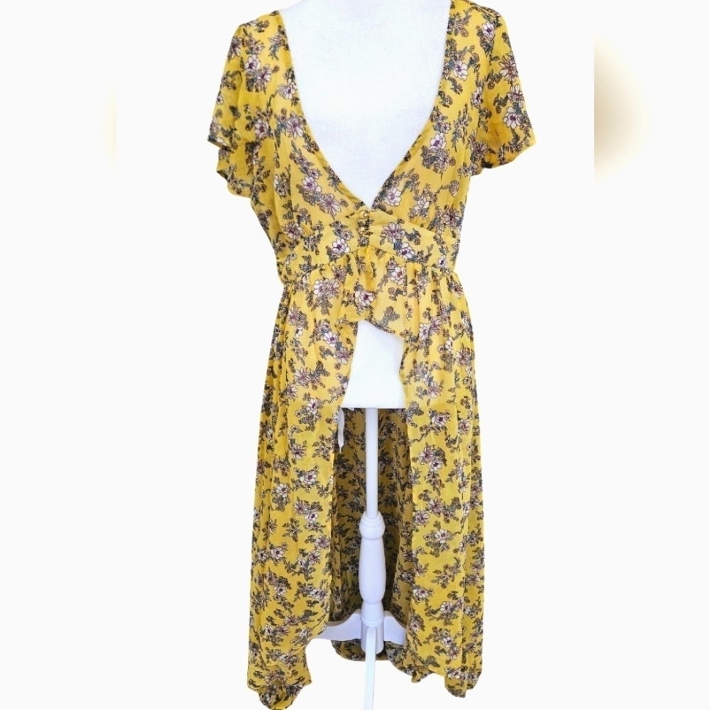 Meghan Los Angeles Yellow Floral High Low Duster Button Front Maxi Top. Med - Picture 2 of 16